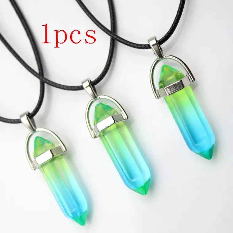 1PCS Natural Stone Quartz Crystal Opal Agates Hexagonal Column Pendulum Pendant Leather Chains Necklace Fashion Charms Pendant