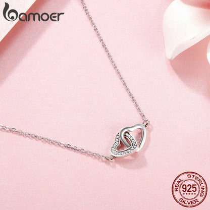 Bamoer 925 Sterling Silver Connected Heart Pendant Necklace for Girlfriend Valentine's Day Fine Jewelry SCN181