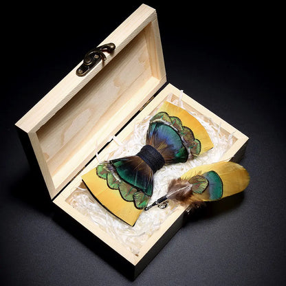 KAMBERFT Design Handmade Feather Bow Tie Brooch Wooden Box Set High Quality Men's Bowtie Leather Tie for Wedding Party Banquet