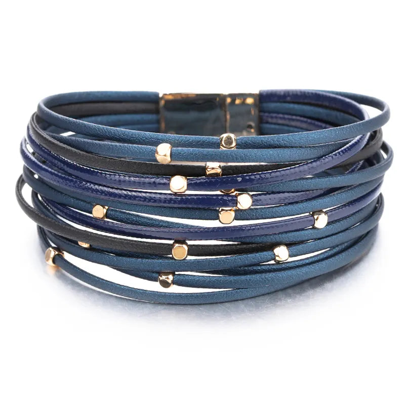 ALLYES Metal Beads Leather Bracelets for Women 2023 Slim Strips Boho Multilayer Wide Wrap Bracelet Femme Jewelry