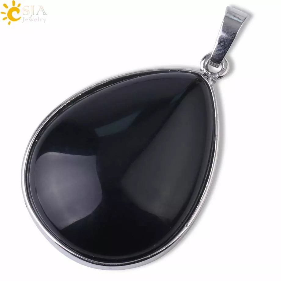 CSJA Natural Stone Pendants  Tiger Eye Pink Quartz Purple Crystal Lapis Necklace Water Drop Flat Bead Women Healing Jewelry F982