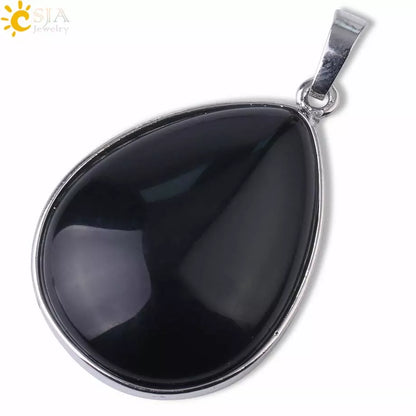 CSJA Natural Stone Pendants  Tiger Eye Pink Quartz Purple Crystal Lapis Necklace Water Drop Flat Bead Women Healing Jewelry F982