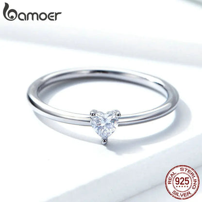 BAMOER 925 Sterling Silver Heart Clear CZ Simple Finger Rings for Women Engagement Wedding Statement Jewelry  SCR498