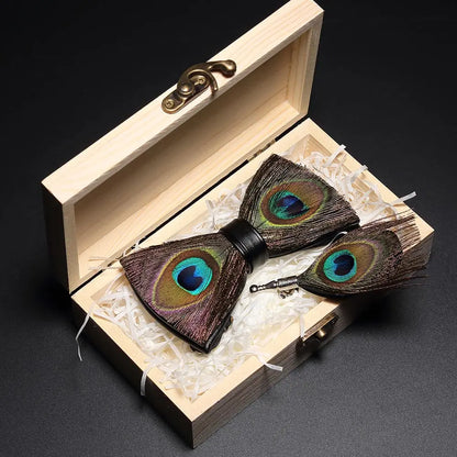 KAMBERFT Design Handmade Feather Bow Tie Brooch Wooden Box Set High Quality Men's Bowtie Leather Tie for Wedding Party Banquet