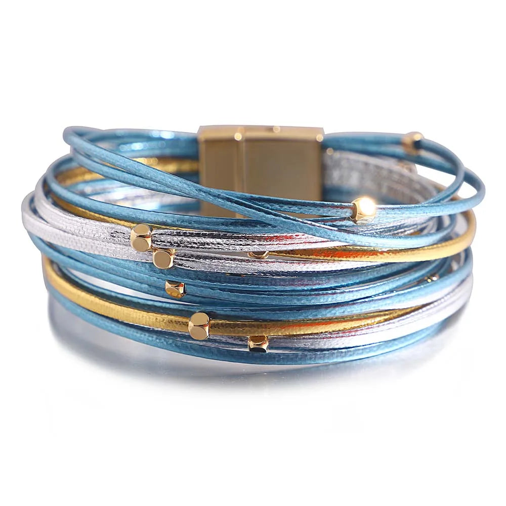 ALLYES Metal Beads Leather Bracelets for Women 2023 Slim Strips Boho Multilayer Wide Wrap Bracelet Femme Jewelry