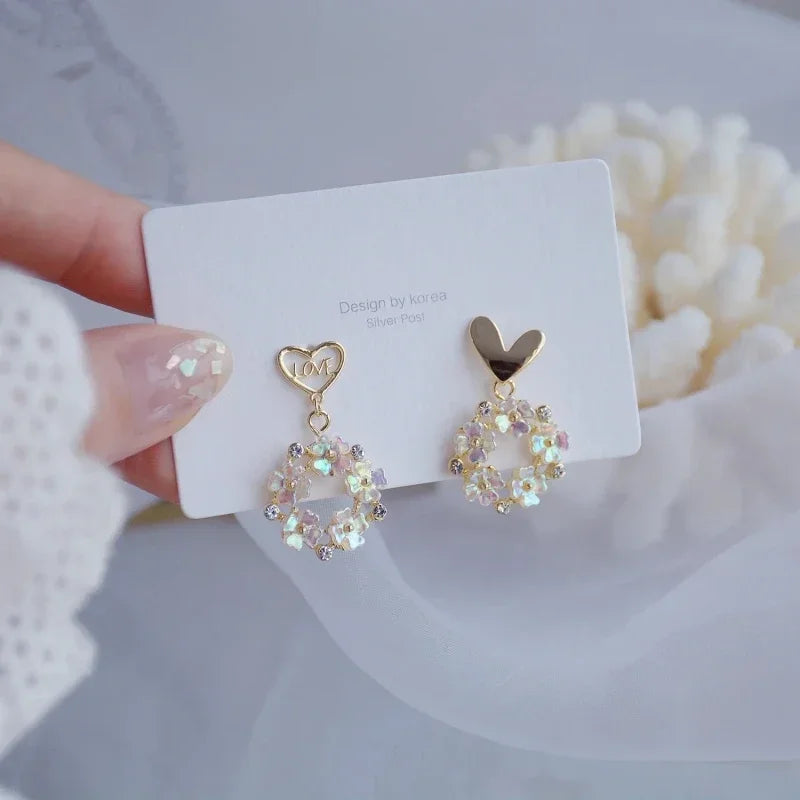 Korean Jewelry Fresh Cute Hook Drop Oil Flower Stud Earrings Crystal Earring for Women