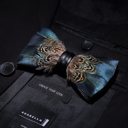 KAMBERFT Designer Brand Handmade Feather and Leather Pre-Tied Bow Tie and Brooch Sets for Men Wedding Party Best Cravate