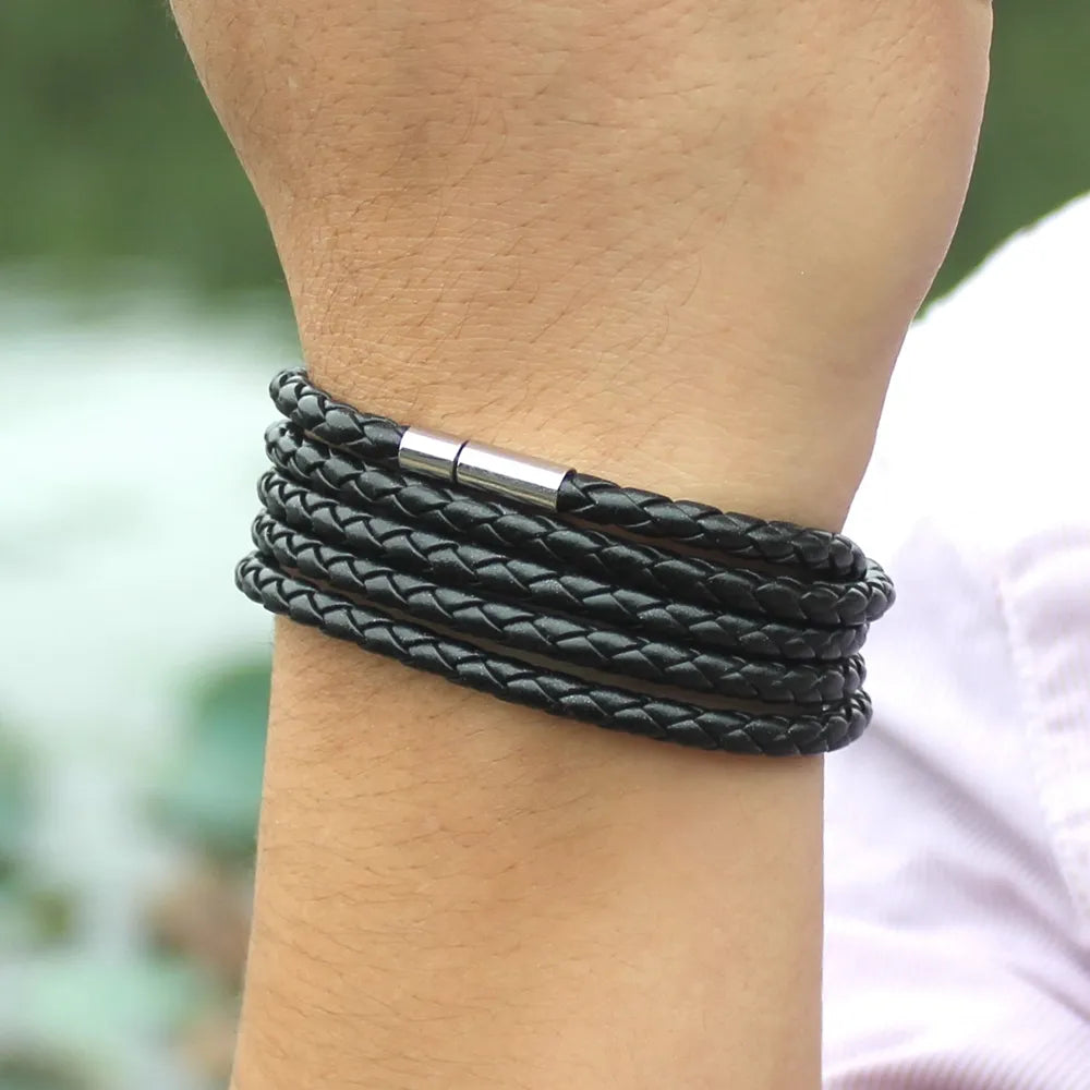 XQNI Brand Black Retro Wrap Long Leather Bracelet Men Bangles Fashion Sproty Chain Link Male Charm Bracelet With 5 Laps