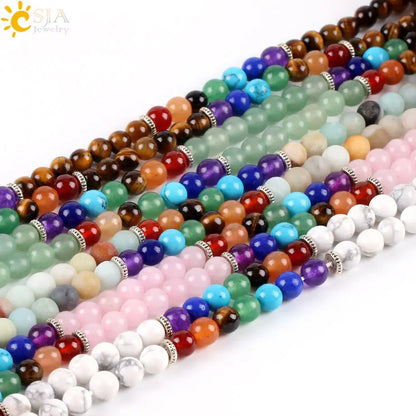 CSJA Women Maxi Long Necklace Natural Mala Gem Stone Bead Tassel 7 Chakra Tiger Eye Pink Quartz Howlite Reiki Boho Necklace E590