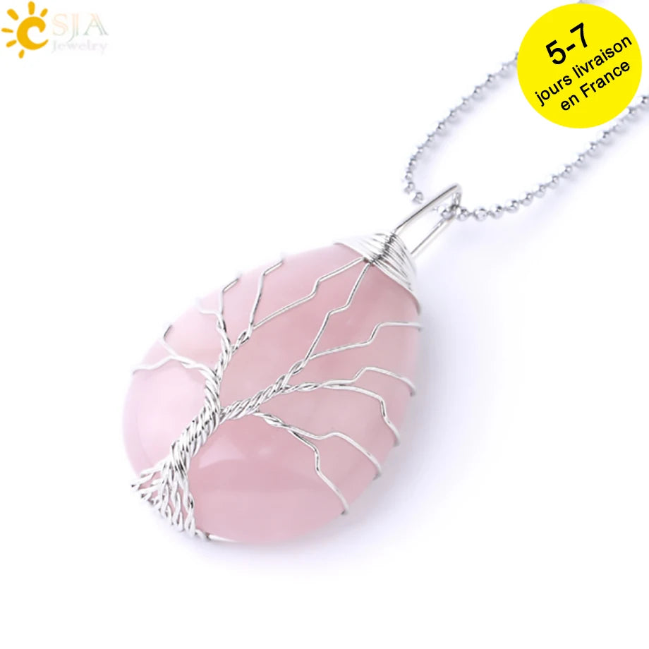 Tiger Eye Tree of Life Crystal Necklace Natural Stone Pendant Wire Wrap Rose Crystals Pink Quartz Amethyst Green Aventurine E585