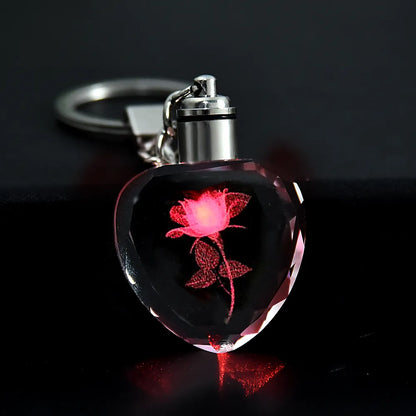 Fashion Colorful Fairy Rose Flower Pattern Love Shape Crystal Rhinestone LED Light Keychain Lover Key Chain Keyring Jewelry