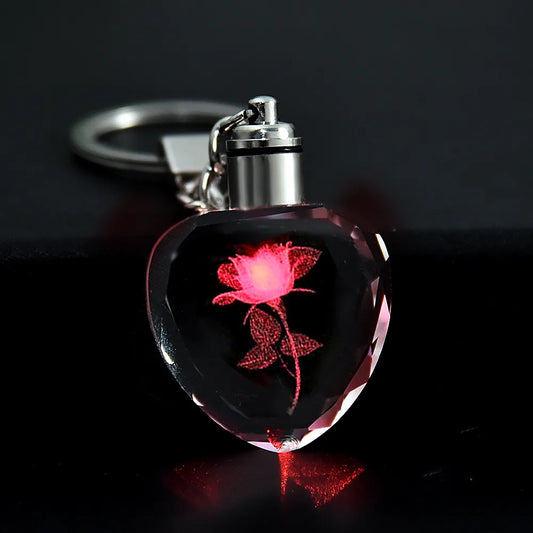 Fashion Colorful Fairy Rose Flower Pattern Love Shape Crystal Rhinestone LED Light Keychain Lover Key Chain Keyring Jewelry