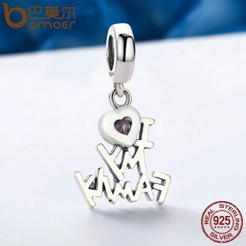 BAMOER 925 Sterling Silver I Love My Family Heart Dangle Charms Fit Women Charm Bracelets Jewelry Family