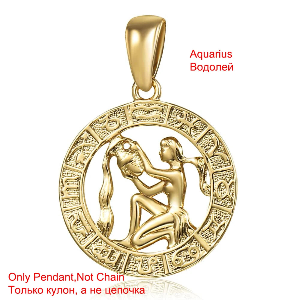 Davieslee Pendant Necklace for Women 12 Zodiac Sign Constellation Yellow Rose Gold Color Womens Necklaces Round Shaped LGPM16