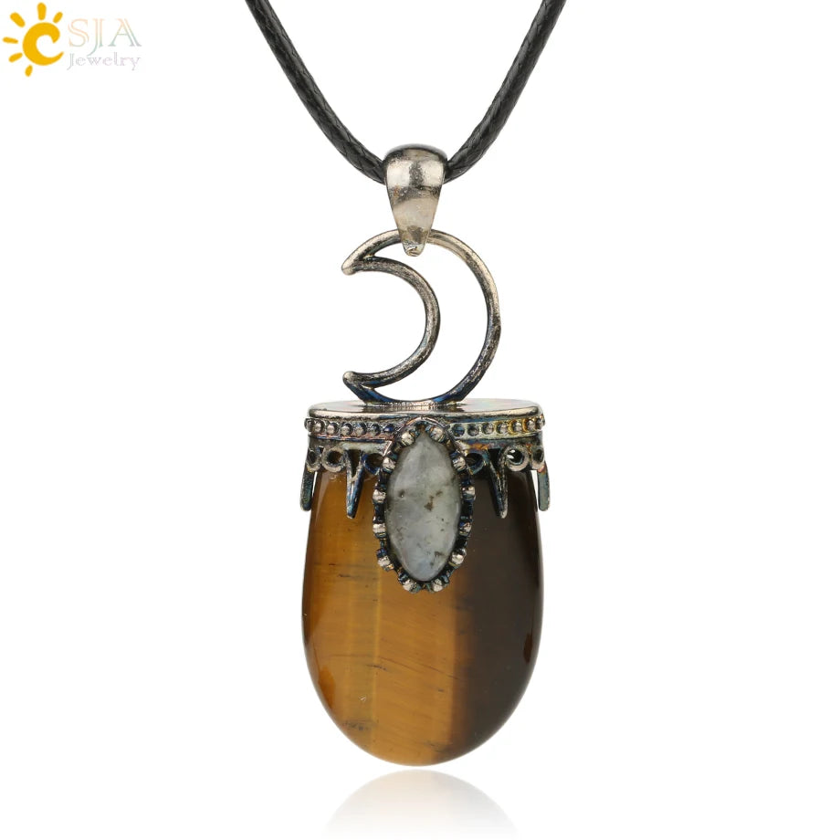CSJA Natural Stone Crystal Pendants Necklace Antique Silver Color Purple Pink Quartz Necklace Jewelry Crown Moon Charm G274