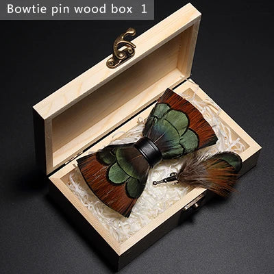 JEMYGINS Bowtie Natural Brid Feather Exquisite Hand Made Men Bow Tie Brooch Pin