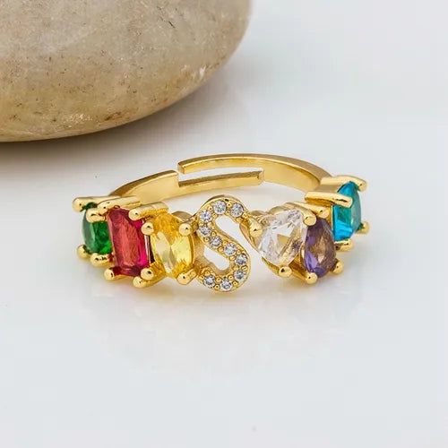 Adjustable A-Z Initial Ring Bohemian Copper Zircon  Rainbow Letter Rings for Women Girls Party Wedding Jewelry