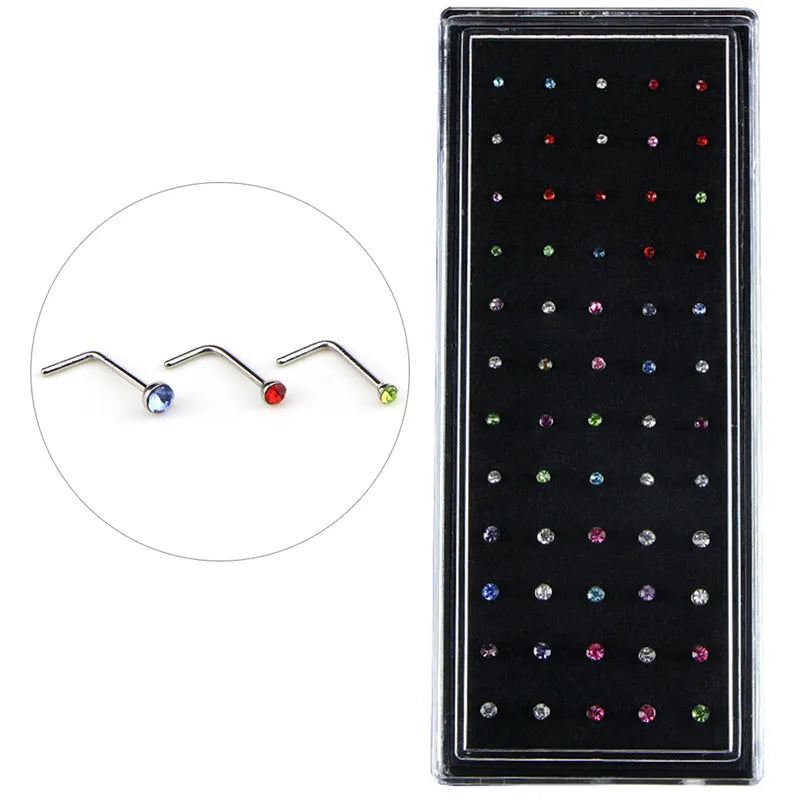 60 Pieces/Pack L Sheap Stainless Steel Crystal Nose Ring Set Women Girl Surgical Steel Nose Piercing Nose Stud Lot Body Jewelry