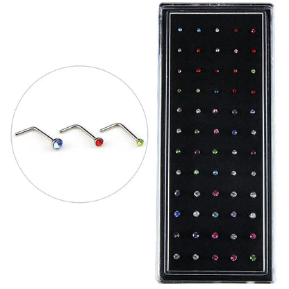 60 Pieces/Pack L Sheap Stainless Steel Crystal Nose Ring Set Women Girl Surgical Steel Nose Piercing Nose Stud Lot Body Jewelry