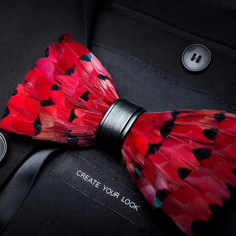 KAMBERFT Designer Brand Handmade Feather and Leather Pre-Tied Bow Tie and Brooch Sets for Men Wedding Party Best Cravate