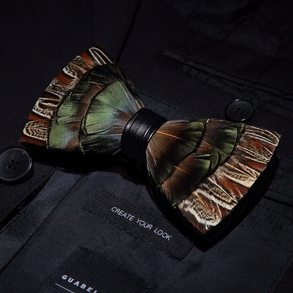 KAMBERFT Designer Brand Handmade Feather and Leather Pre-Tied Bow Tie and Brooch Sets for Men Wedding Party Best Cravate