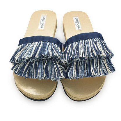 Irving-Stripe Fringe- White and Blue Stripe Waterproof Espadrille Flat