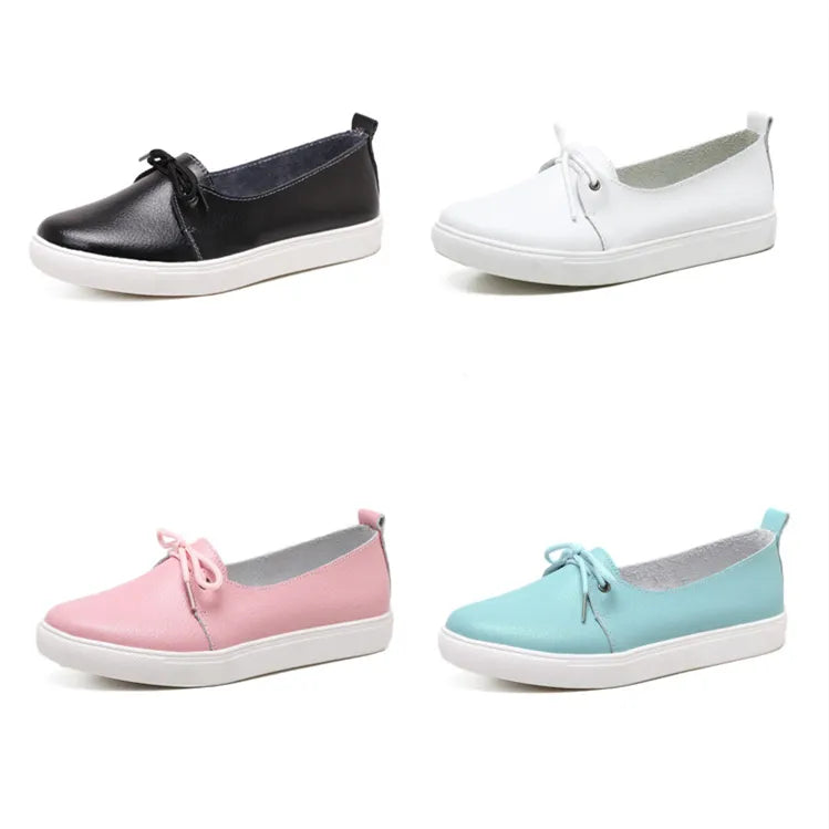 WOIZGIC Women Students Gril Female Leather White Shoes Flats Platform Lace Up Korean Casual Vulcanized Shoes FEZ-173