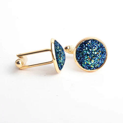 Simple Luxury Colorful Drusy Stone Cufflinks for Men Women Round Rhinestone Cuff Links Novelty Shirt Sleeve Buttons Accessories