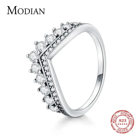 Modian Fashion 100% Real 925 Sterling Zircon Crown Finger Ring Classic Stackable Silver Jewelry for Women Wedding Christmas