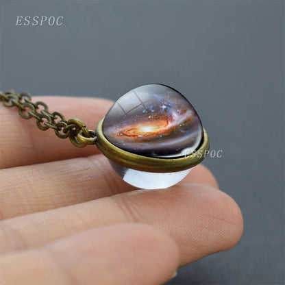 Full Moon Sphere Crystal Ball Glass Necklace Handmade Double Side Glass Ball Pendant Solar System Outer Space Astronomy Jewelry