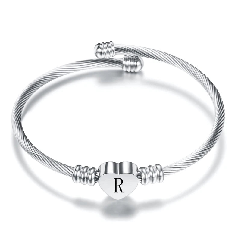 Heart Charm Bangle With Initial Alphabet Letter Engrave High Quality Women Jewelry Cuff Bangles Party