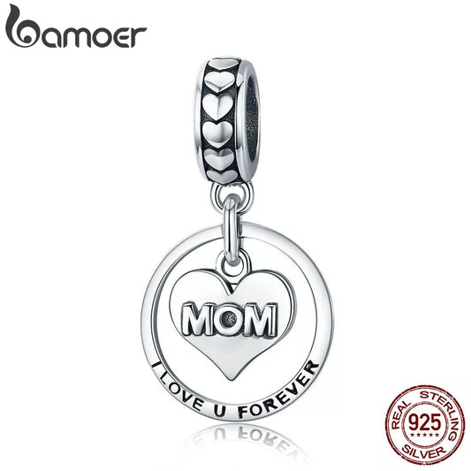 BAMOER 925 Sterling Silver I Love U Forever Mom Mother Engrave Beads Fit Charm Bracelets & Bangles Jewelry Mother