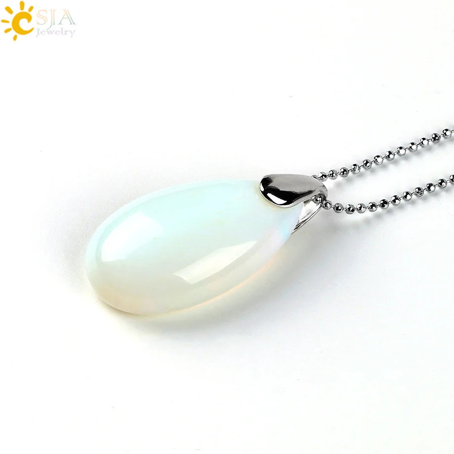 CSJA Natural Gem Stone Pendant Water Drop Necklaces Pendants Tiger Eye Lapis Lazuli Clear Crystal Opal Healing Jewellery E526