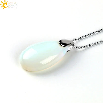 CSJA Natural Gem Stone Pendant Water Drop Necklaces Pendants Tiger Eye Lapis Lazuli Clear Crystal Opal Healing Jewellery E526