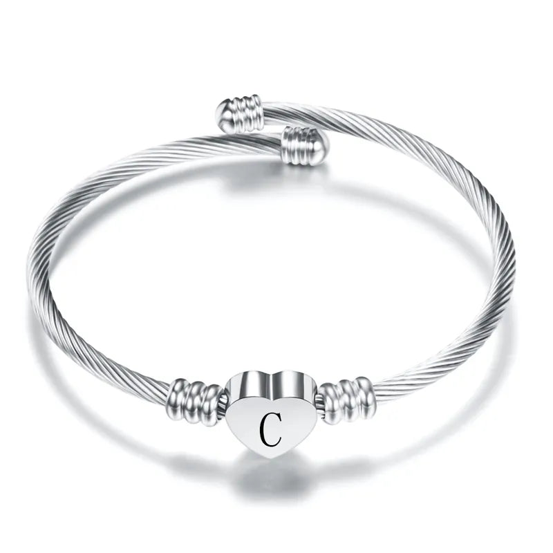 Heart Charm Bangle With Initial Alphabet Letter Engrave High Quality Women Jewelry Cuff Bangles Party