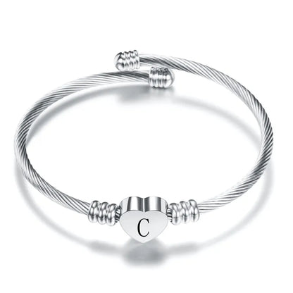 Heart Charm Bangle With Initial Alphabet Letter Engrave High Quality Women Jewelry Cuff Bangles Party