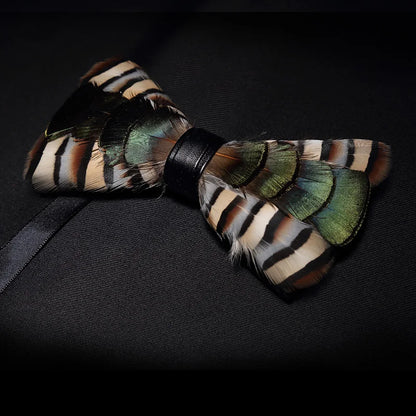 KAMBERFT Designer Brand Handmade Feather and Leather Pre-Tied Bow Tie and Brooch Sets for Men Wedding Party Best Cravate