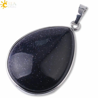 CSJA Natural Stone Pendants  Tiger Eye Pink Quartz Purple Crystal Lapis Necklace Water Drop Flat Bead Women Healing Jewelry F982