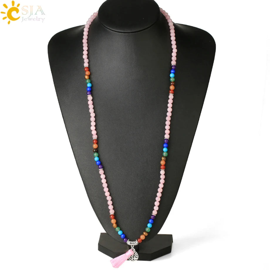 CSJA Women Maxi Long Necklace Natural Mala Gem Stone Bead Tassel 7 Chakra Tiger Eye Pink Quartz Howlite Reiki Boho Necklace E590