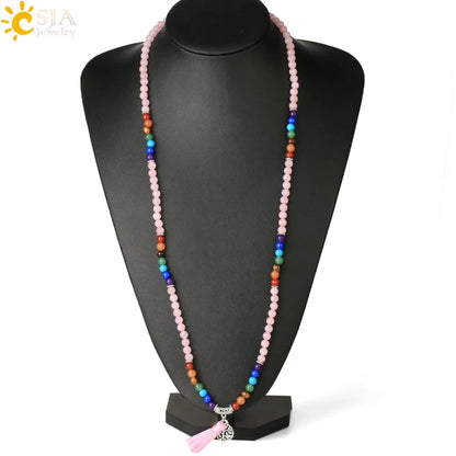 CSJA Women Maxi Long Necklace Natural Mala Gem Stone Bead Tassel 7 Chakra Tiger Eye Pink Quartz Howlite Reiki Boho Necklace E590