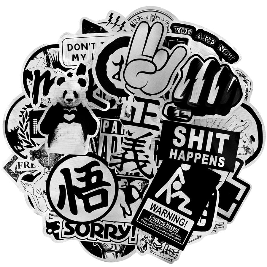 50 PCS Metallic Black and White Sticker Punk Funny Cool Sticker DIY for Laptop Motorcycle Bicycle Guitar Suitcase Skateboard Car