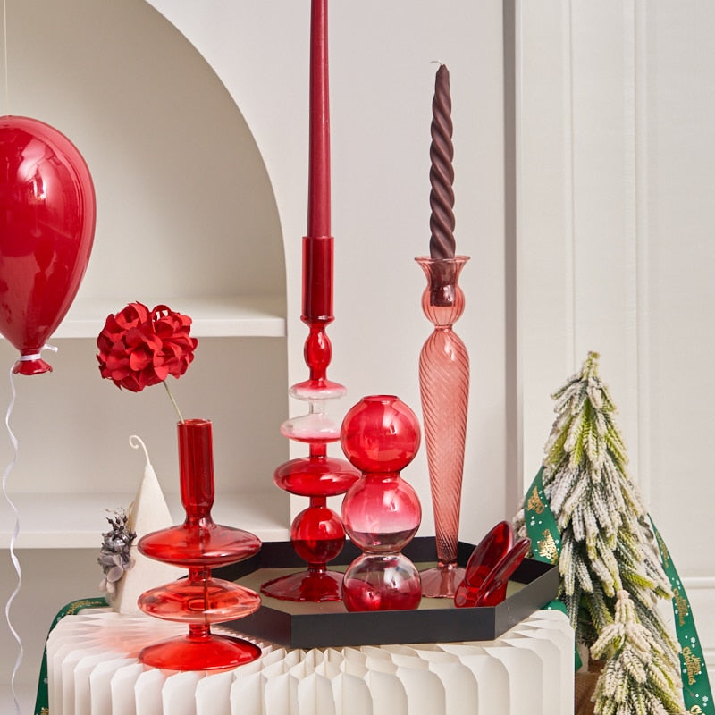Red Glass Candle Holders Taper Candle Stand Christmas Candle Holder Candlestick Holder Christmas Decor Green Glass