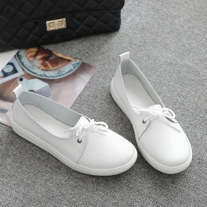 WOIZGIC Women Students Gril Female Leather White Shoes Flats Platform Lace Up Korean Casual Vulcanized Shoes FEZ-173
