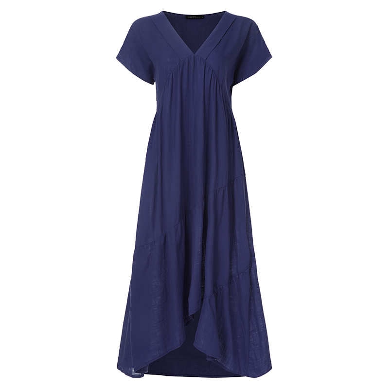 Bohemian Summer Womens Sundress ZANZEA Fashion v Neck Midi Vestidos Female Solid Ruffle Dresses Asymmetrical Robe