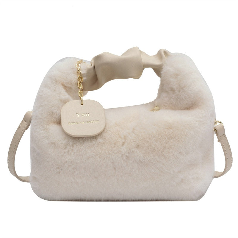 Women Faux Fur Handbags Zipper Small Lady Shoulder Crossbody Bag Casual Tote Half-Moon Hobos Winder