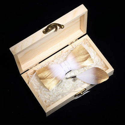 KAMBERFT Design Handmade Feather Bow Tie Brooch Wooden Box Set High Quality Men's Bowtie Leather Tie for Wedding Party Banquet