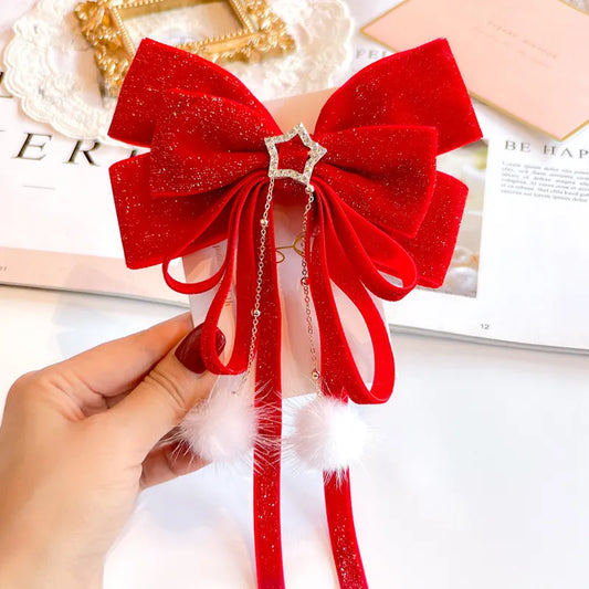 Red Golden Velvet Bow Hair Ornament Baby Hair Circles Pins Christmas New Year Ko