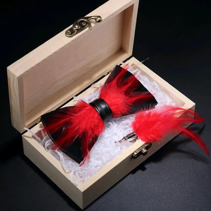 KAMBERFT Design Handmade Feather Bow Tie Brooch Wooden Box Set High Quality Men's Bowtie Leather Tie for Wedding Party Banquet