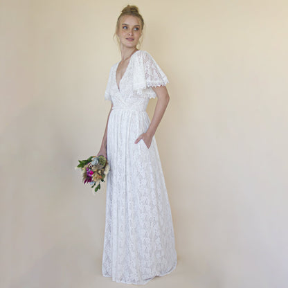 Ivory Pearl Lace Bohemian Wedding Dress With Pockets #1345