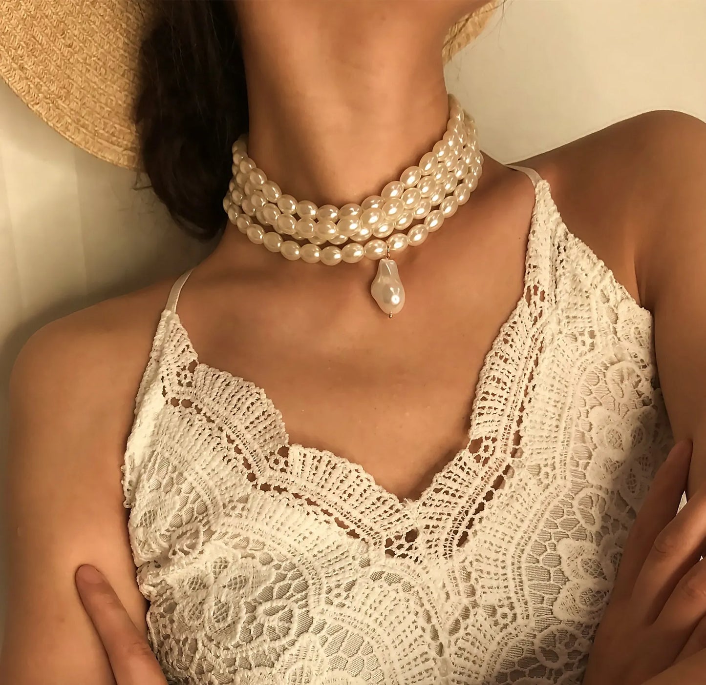IngeSight.Z Punk Multi Layered Imitation Pearl Choker Necklace Collar Statement Boho Handmade Pendant Necklace for Women Jewelry